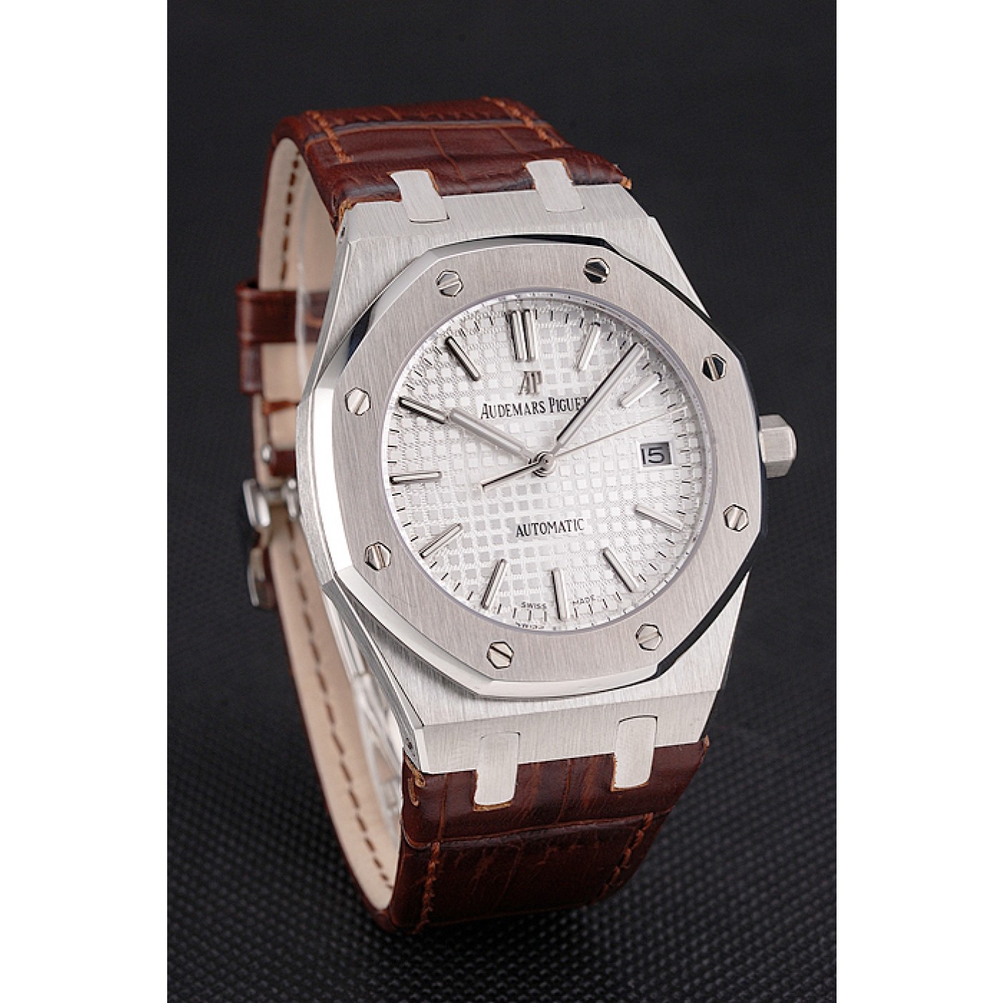 Swiss Audemars Piguet Royal Oak White Dial Stainless Steel Case Brown Leather Strap