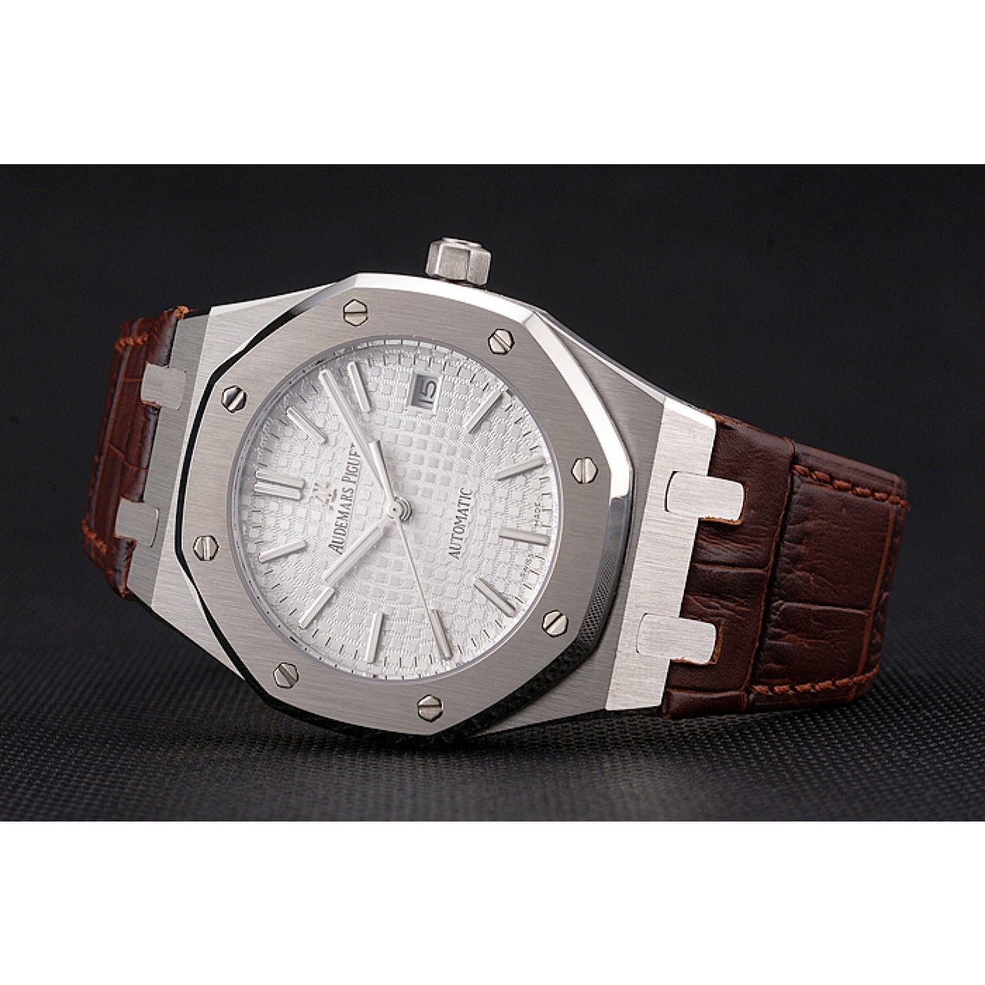 Swiss Audemars Piguet Royal Oak White Dial Stainless Steel Case Brown Leather Strap