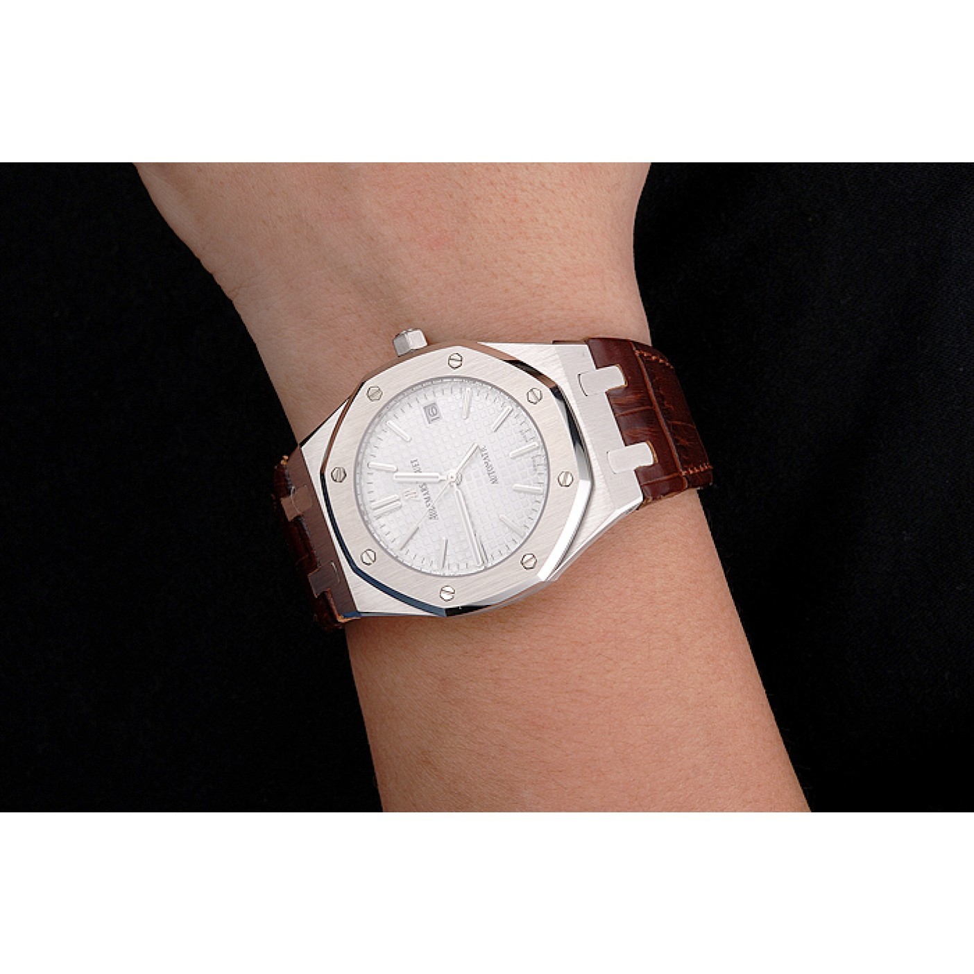 Swiss Audemars Piguet Royal Oak White Dial Stainless Steel Case Brown Leather Strap