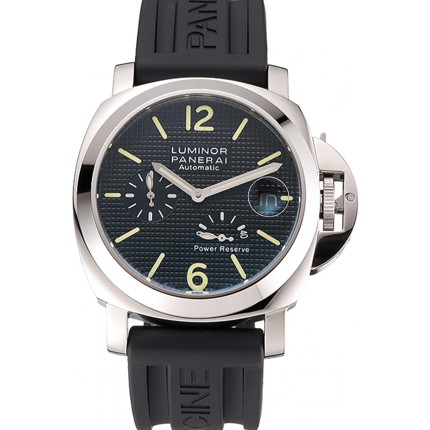 Panerai Luminor Power Reserve Black Hobnail Pattern Dial Stainless Stel Case Black Rubber Strap