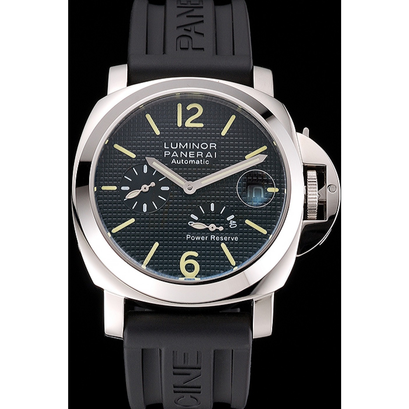 Panerai Luminor Power Reserve Black Hobnail Pattern Dial Stainless Stel Case Black Rubber Strap