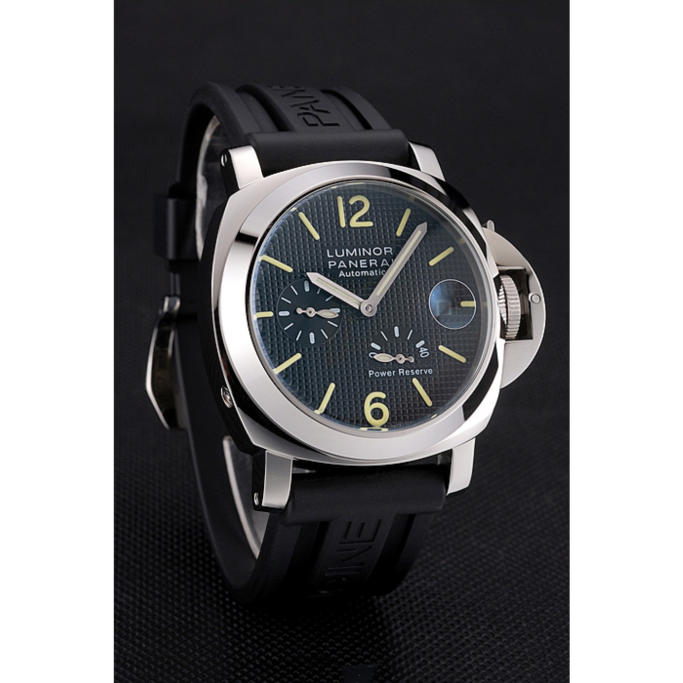 Panerai Luminor Power Reserve Black Hobnail Pattern Dial Stainless Stel Case Black Rubber Strap