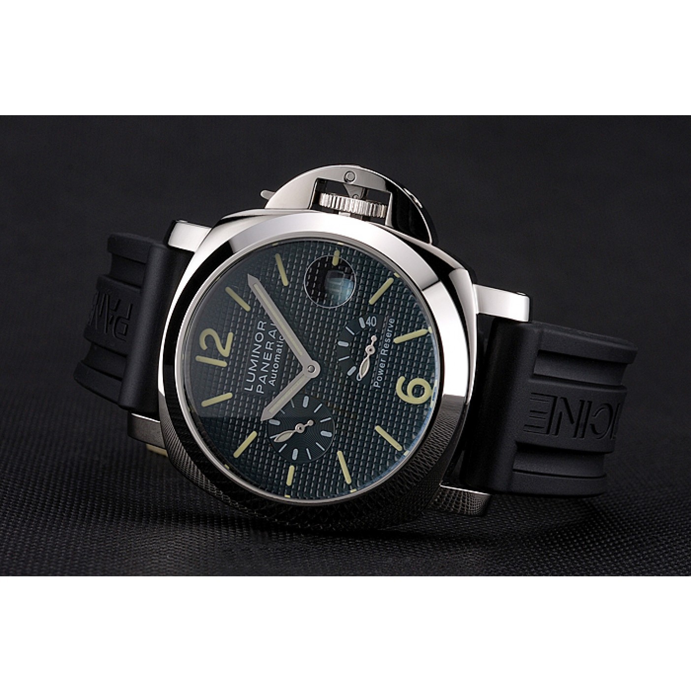 Panerai Luminor Power Reserve Black Hobnail Pattern Dial Stainless Stel Case Black Rubber Strap