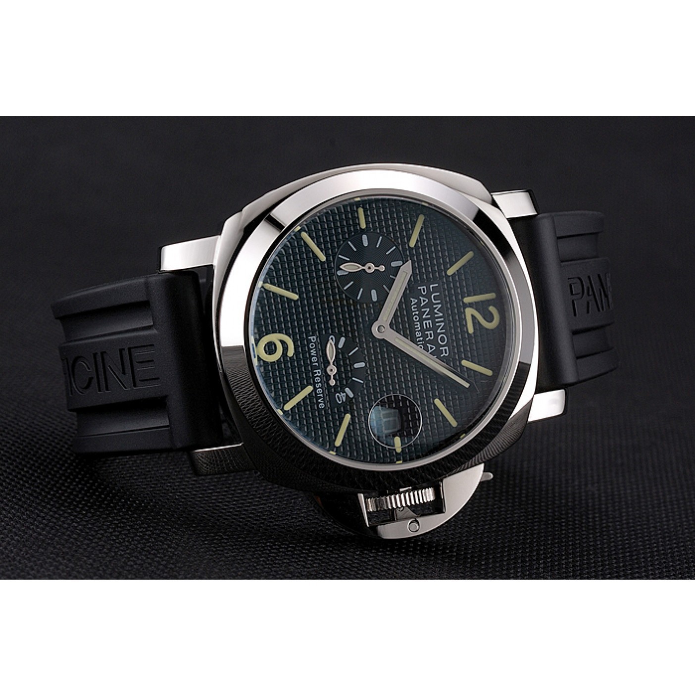 Panerai Luminor Power Reserve Black Hobnail Pattern Dial Stainless Stel Case Black Rubber Strap