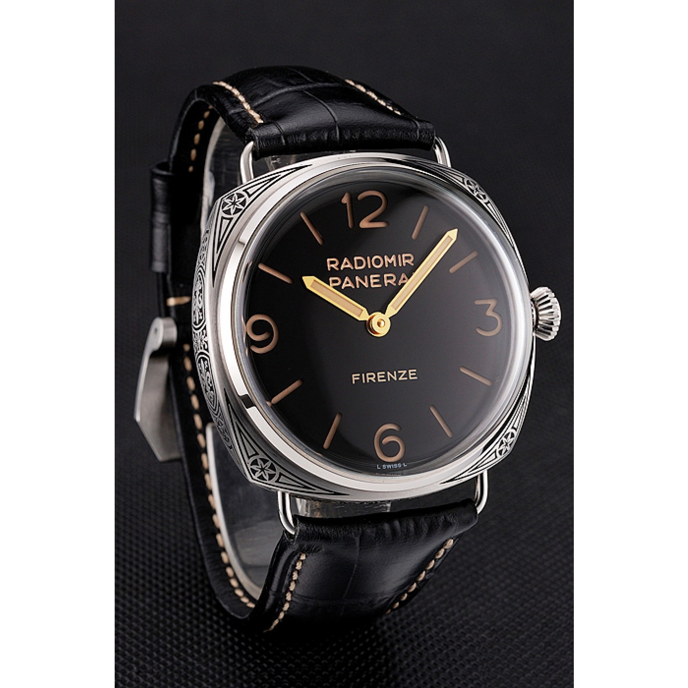 Panerai Radiomir Firenze 3 Days Acciaio PAM604 Black Dial Engraved Stainless Stell Case Black Leather Strap