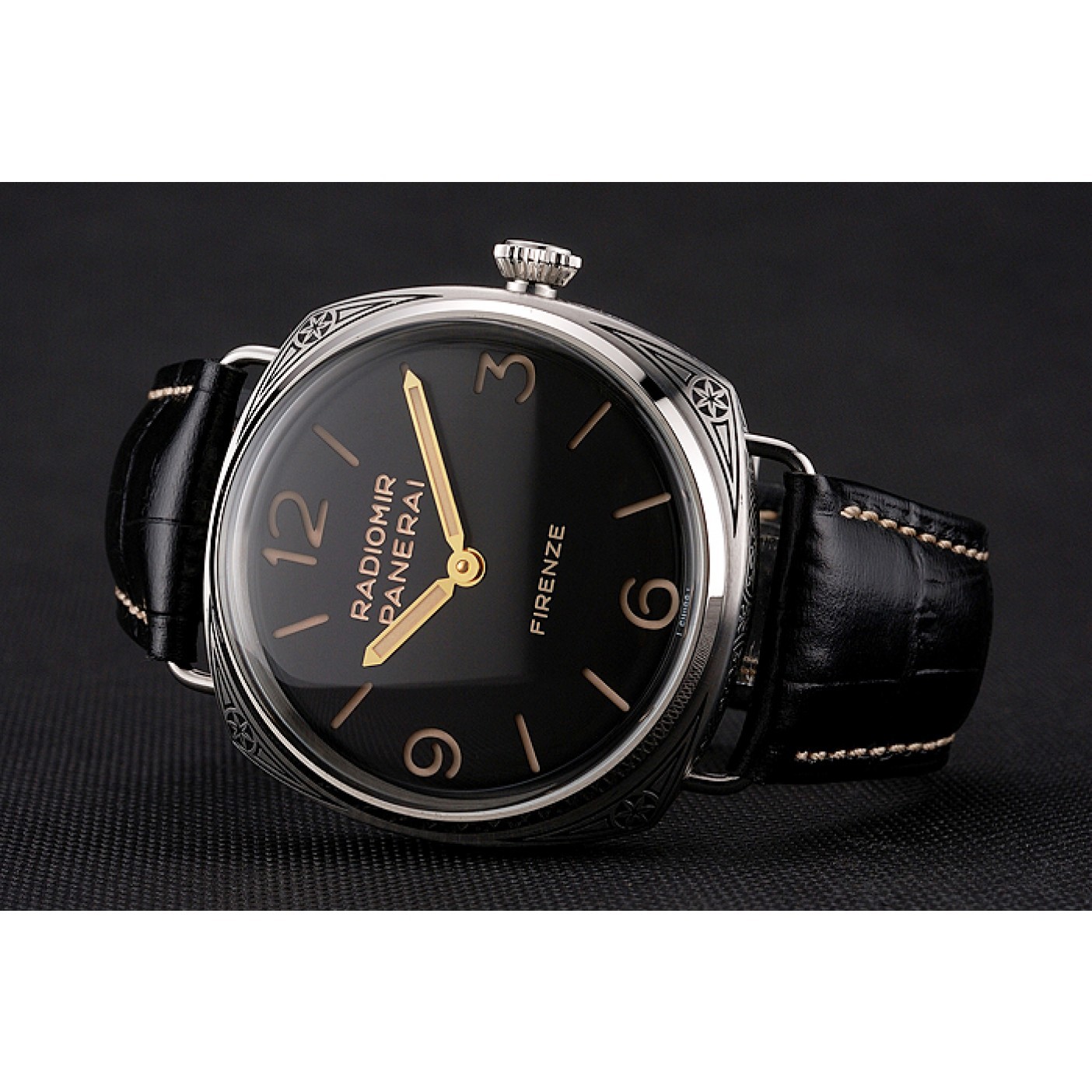 Panerai Radiomir Firenze 3 Days Acciaio PAM604 Black Dial Engraved Stainless Stell Case Black Leather Strap