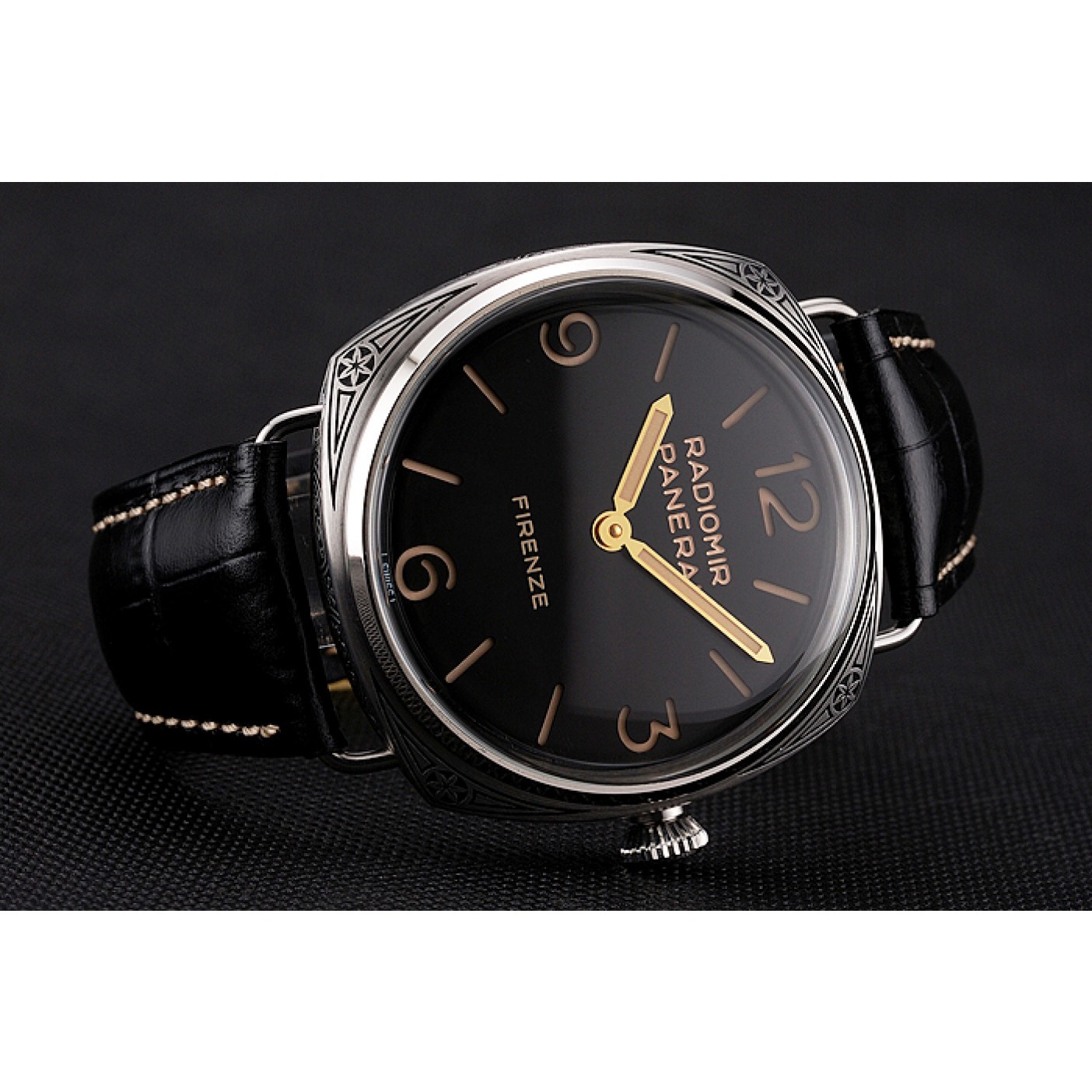 Panerai Radiomir Firenze 3 Days Acciaio PAM604 Black Dial Engraved Stainless Stell Case Black Leather Strap