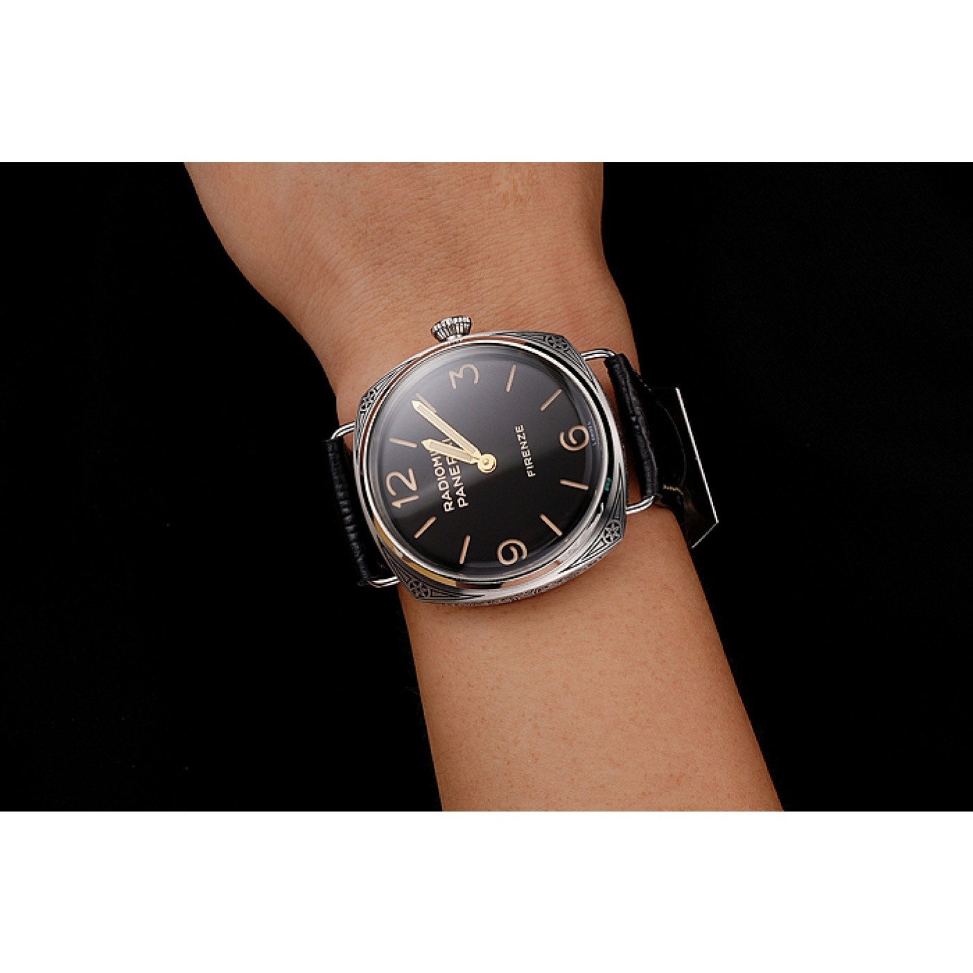 Panerai Radiomir Firenze 3 Days Acciaio PAM604 Black Dial Engraved Stainless Stell Case Black Leather Strap