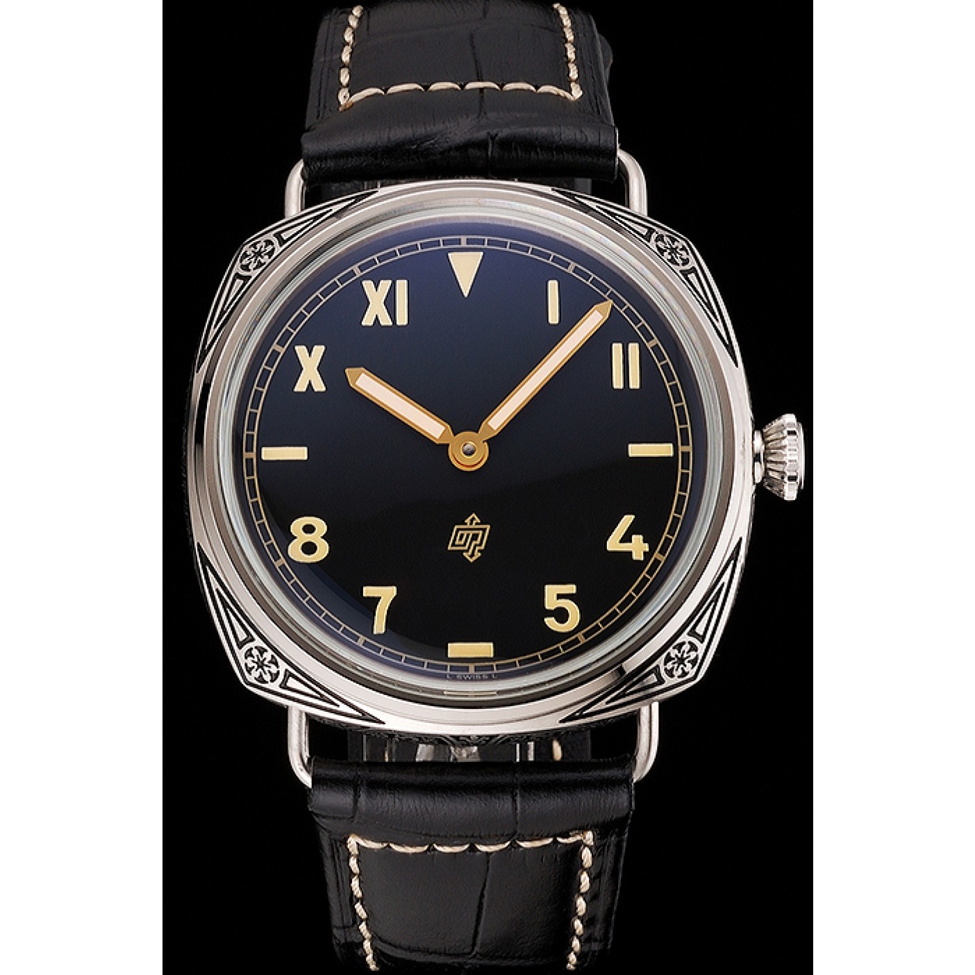 Panerai Radiomir Firenze PAM604 Black Dial Roman Numerals Engraved Stainless Steel Case Black Leather Strap