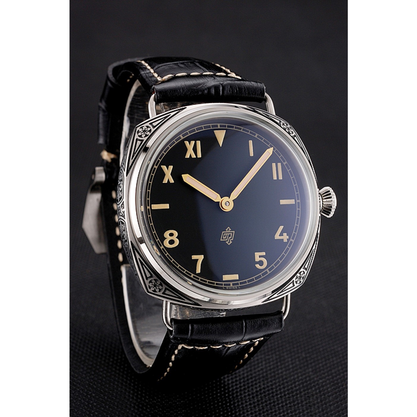 Panerai Radiomir Firenze PAM604 Black Dial Roman Numerals Engraved Stainless Steel Case Black Leather Strap