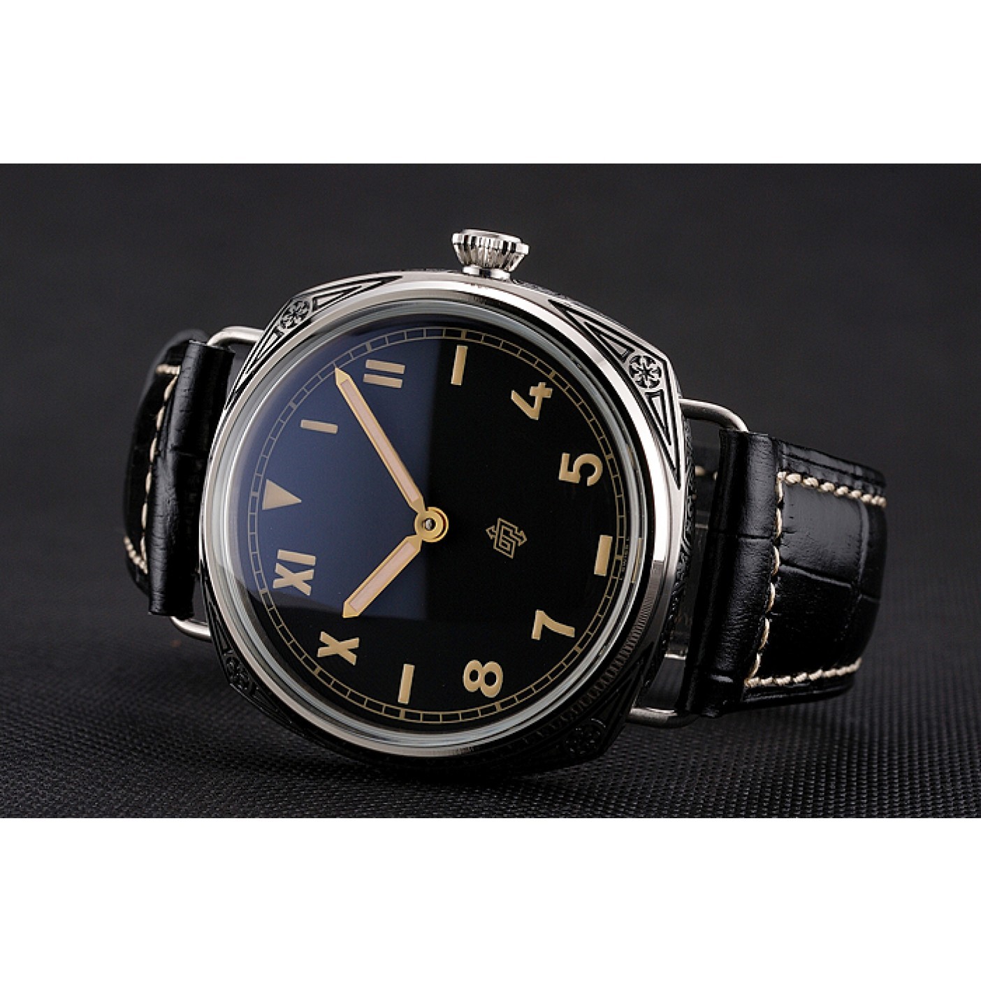 Panerai Radiomir Firenze PAM604 Black Dial Roman Numerals Engraved Stainless Steel Case Black Leather Strap