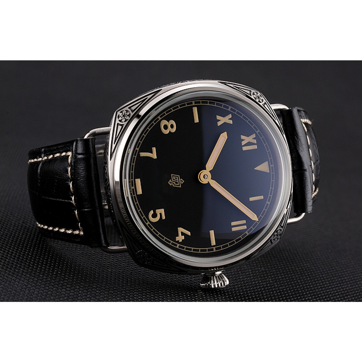 Panerai Radiomir Firenze PAM604 Black Dial Roman Numerals Engraved Stainless Steel Case Black Leather Strap