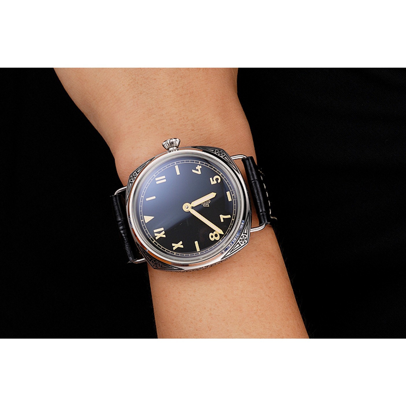 Panerai Radiomir Firenze PAM604 Black Dial Roman Numerals Engraved Stainless Steel Case Black Leather Strap