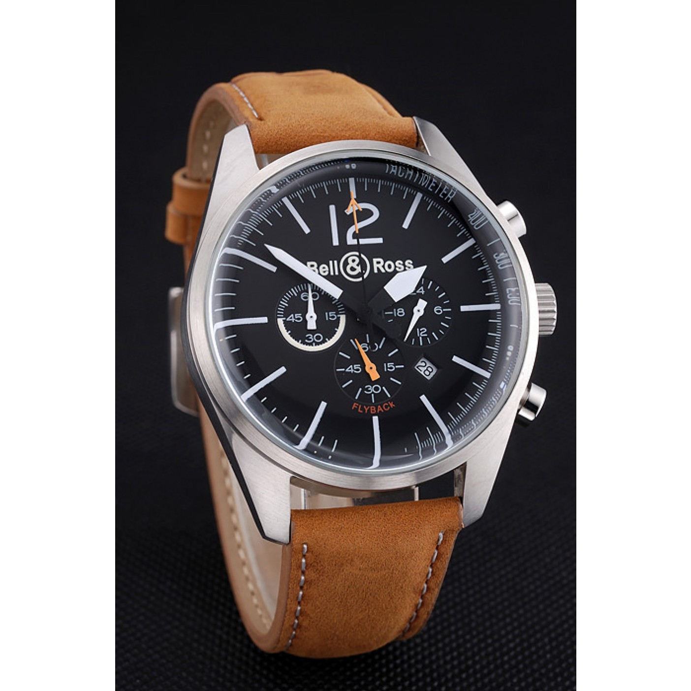 Bell and Ross BR126 Flyback Black Dial Silver Case Brown Suede Leather Strap