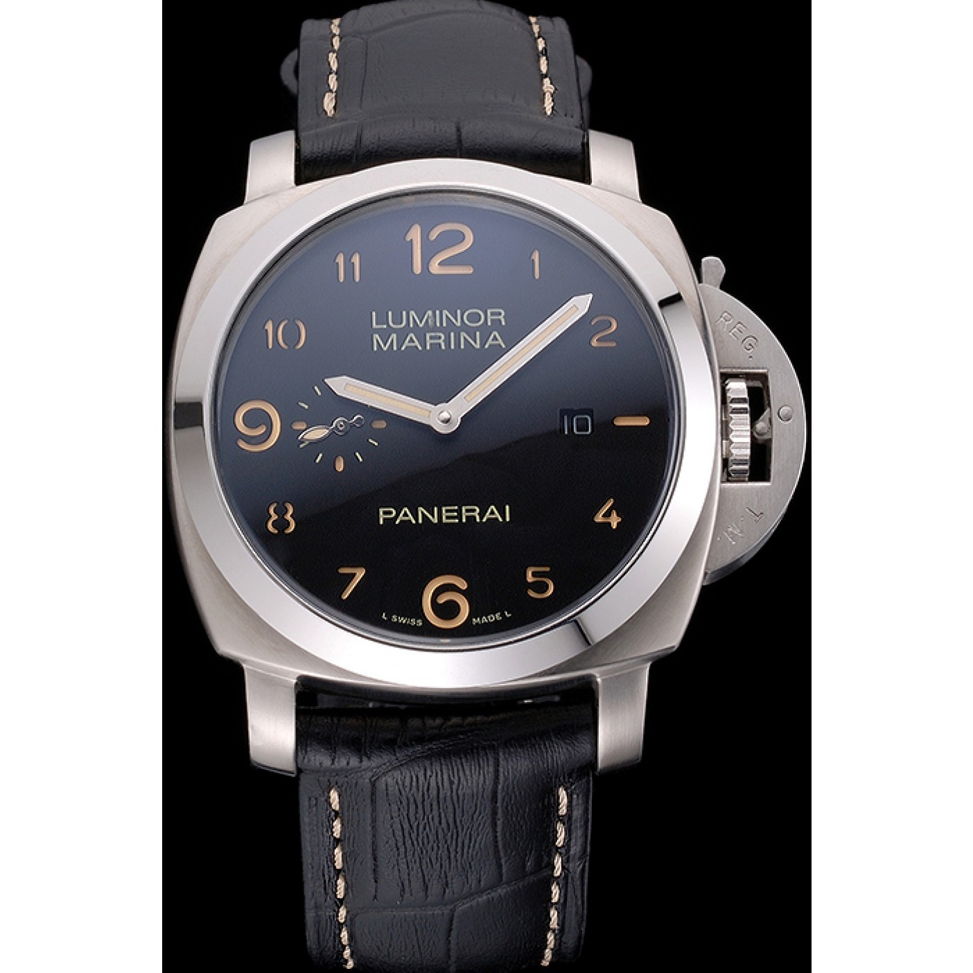 Panerai Luminor Marina 1950 Black Dial Brushed Steel Case Black Embossed Leather Strap