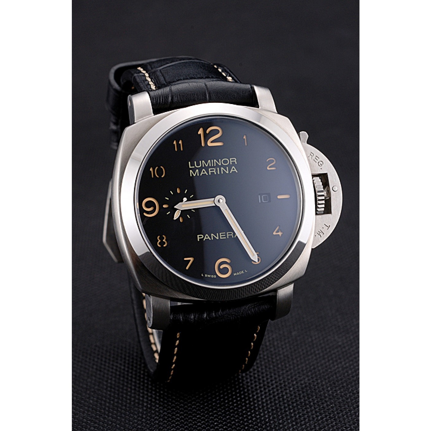 Panerai Luminor Marina 1950 Black Dial Brushed Steel Case Black Embossed Leather Strap