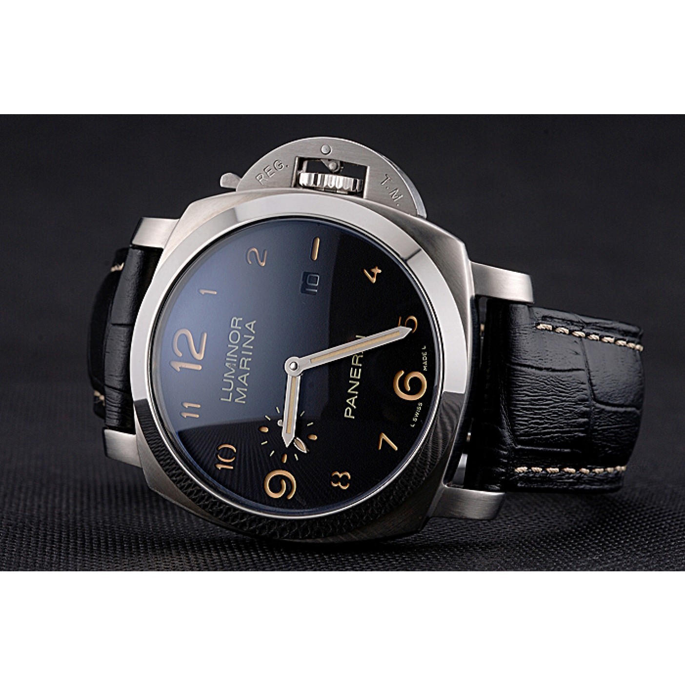 Panerai Luminor Marina 1950 Black Dial Brushed Steel Case Black Embossed Leather Strap