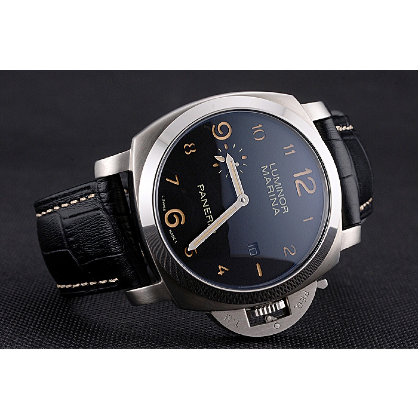 Panerai Luminor Marina 1950 Black Dial Brushed Steel Case Black Embossed Leather Strap