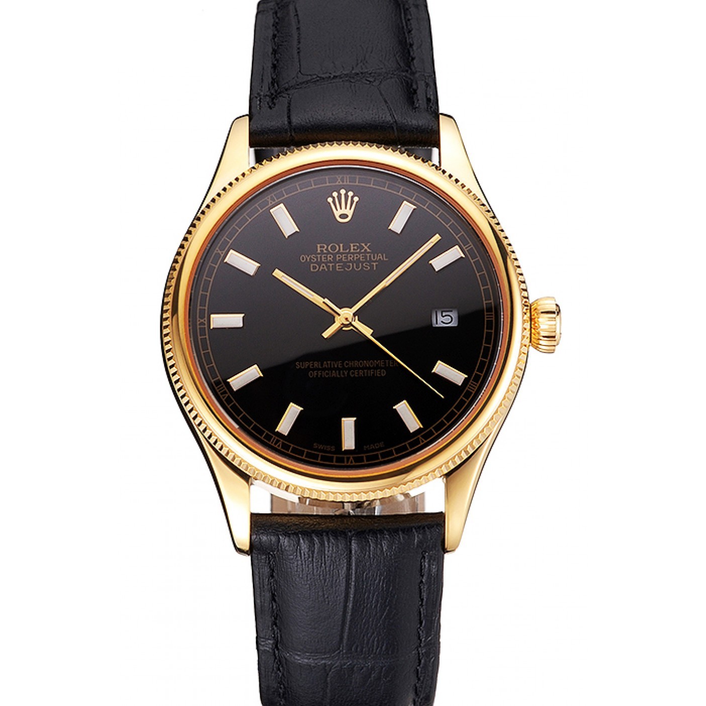 Swiss Rolex Datejust Black Dial Gold Case Black Leather Strap