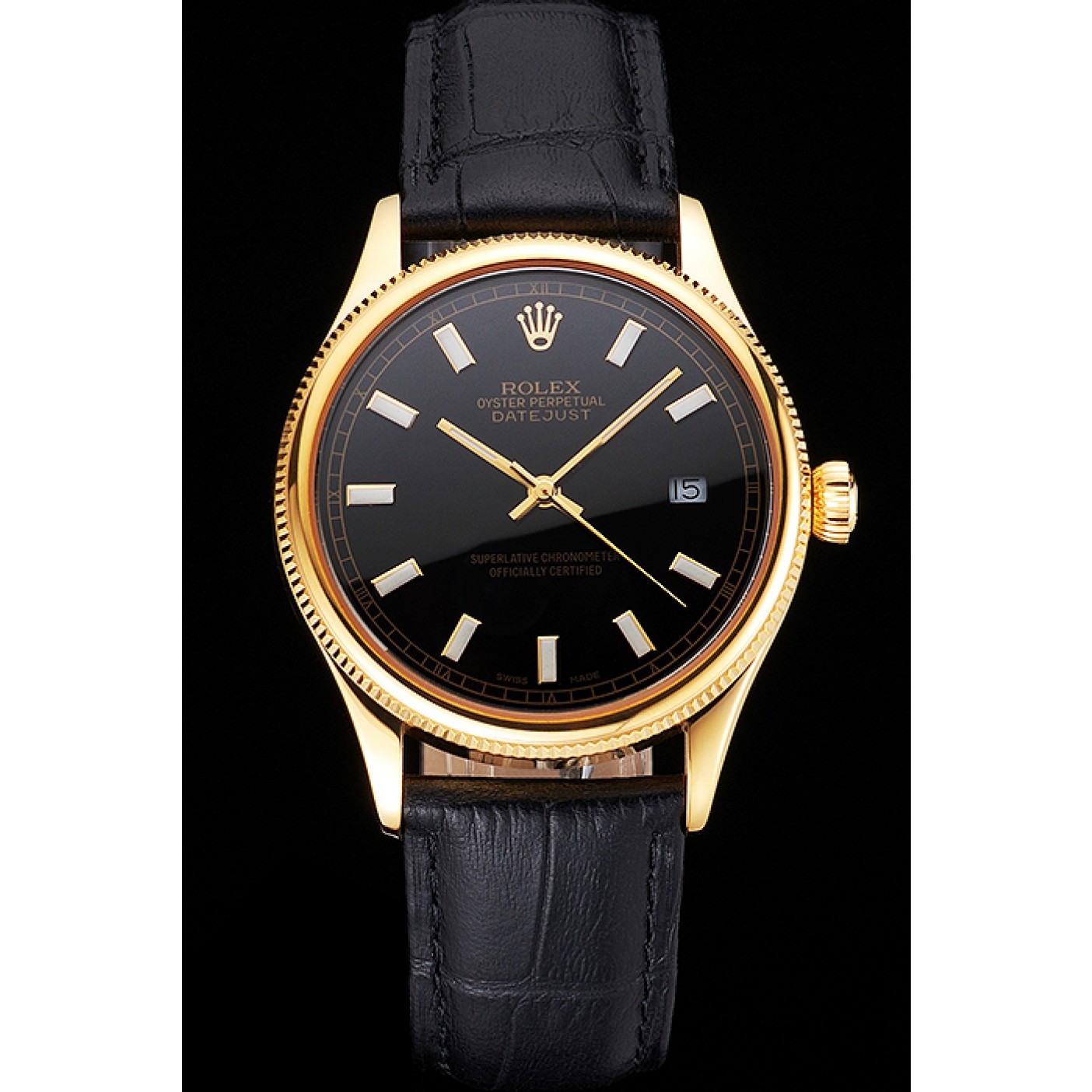 RepTime Watches Swiss Rolex Datejust Black Dial Gold Case Black Leather Strap