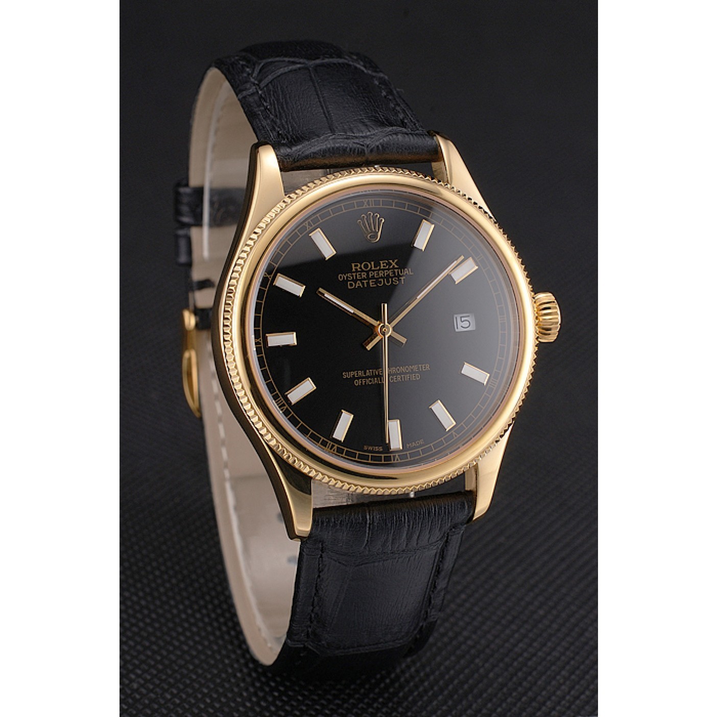 RepTime Watches Swiss Rolex Datejust Black Dial Gold Case Black Leather Strap