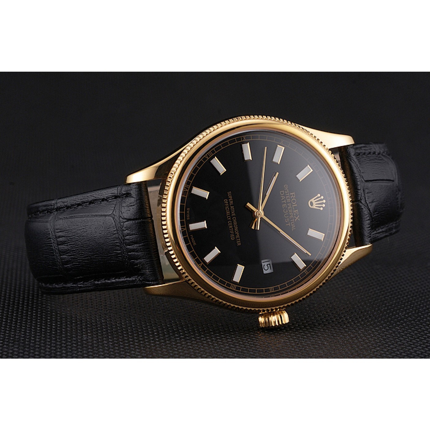 RepTime Watches Swiss Rolex Datejust Black Dial Gold Case Black Leather Strap