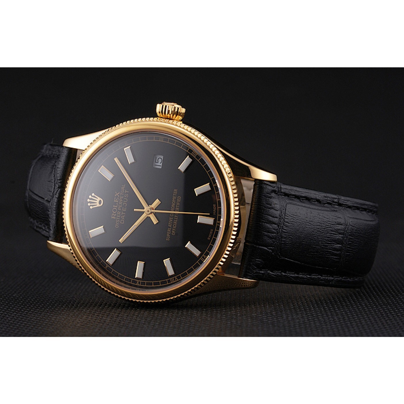 RepTime Watches Swiss Rolex Datejust Black Dial Gold Case Black Leather Strap