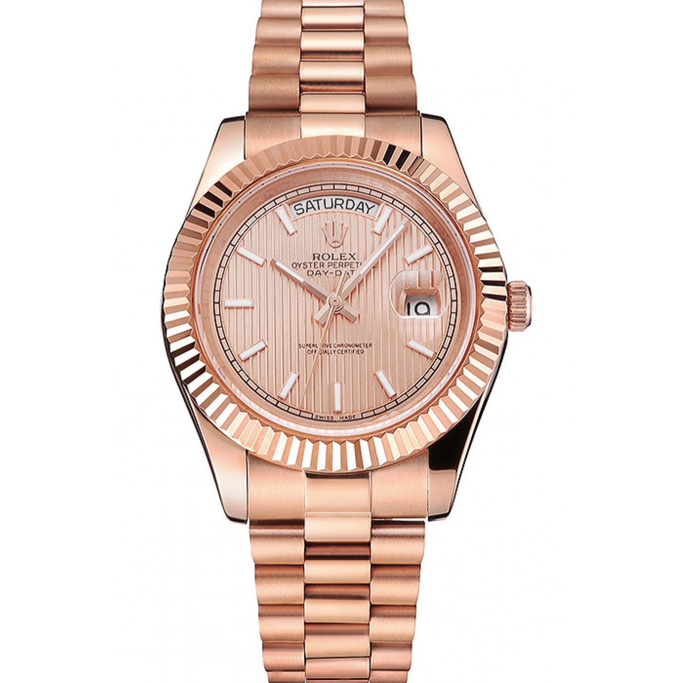 RepTime Watches Swiss Rolex Day Date 40 Rose Gold Etched Dial Rose Gold Case And Bracelet