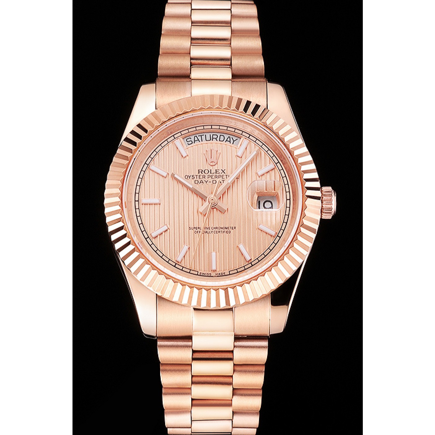 Swiss Rolex Day Date 40 Rose Gold Etched Dial Rose Gold Case And Bracelet