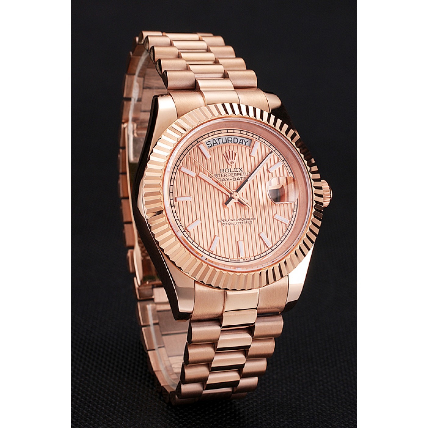 RepTime Watches Swiss Rolex Day Date 40 Rose Gold Etched Dial Rose Gold Case And Bracelet