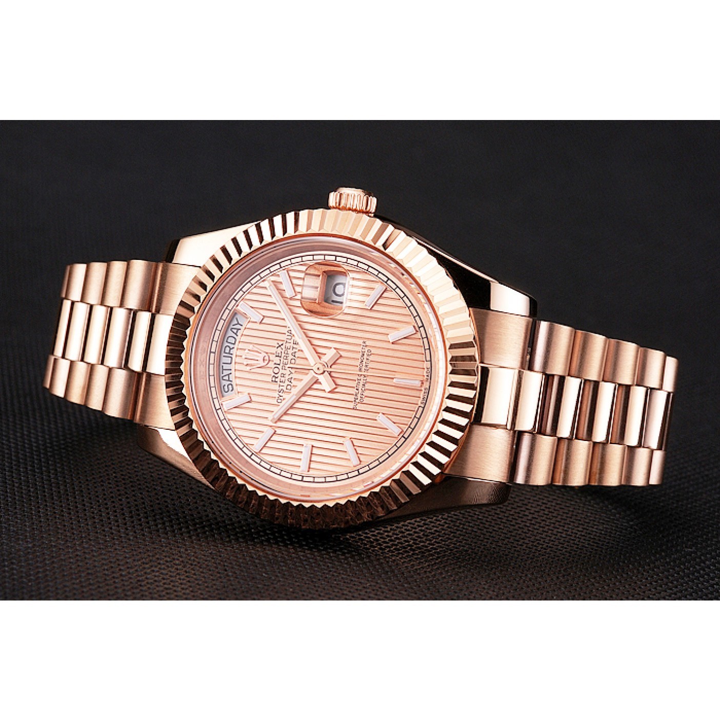 RepTime Watches Swiss Rolex Day Date 40 Rose Gold Etched Dial Rose Gold Case And Bracelet