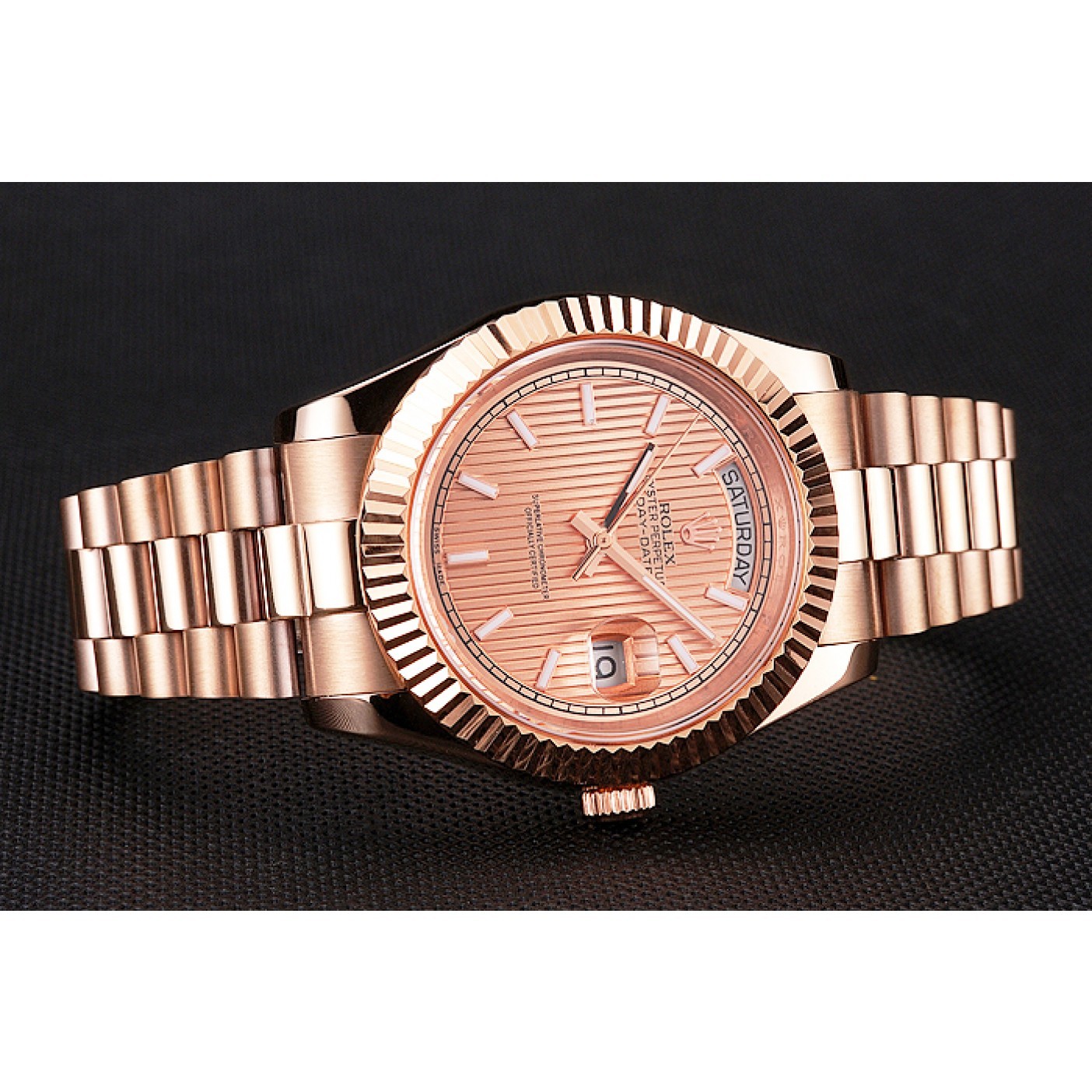 Swiss Rolex Day Date 40 Rose Gold Etched Dial Rose Gold Case And Bracelet