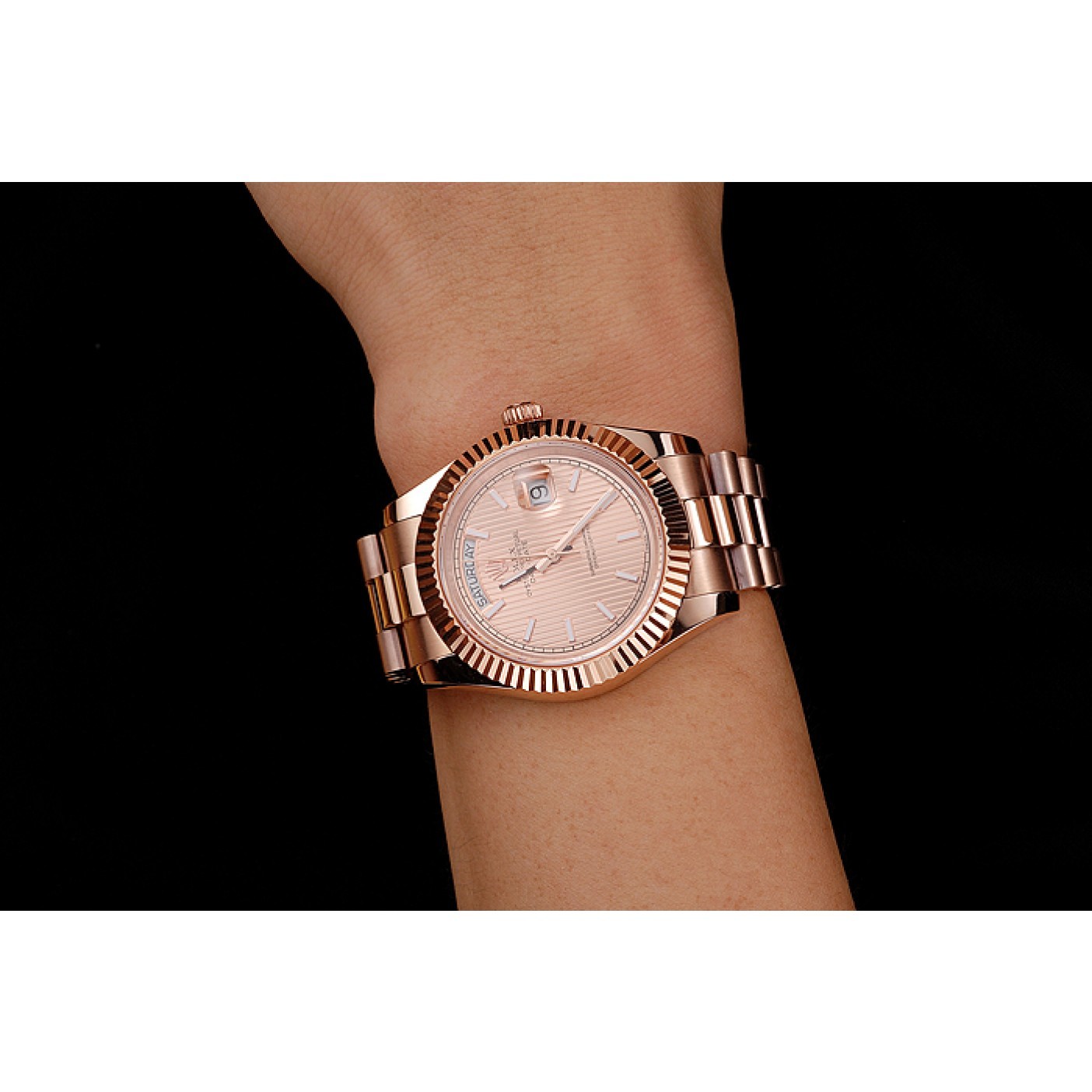 RepTime Watches Swiss Rolex Day Date 40 Rose Gold Etched Dial Rose Gold Case And Bracelet