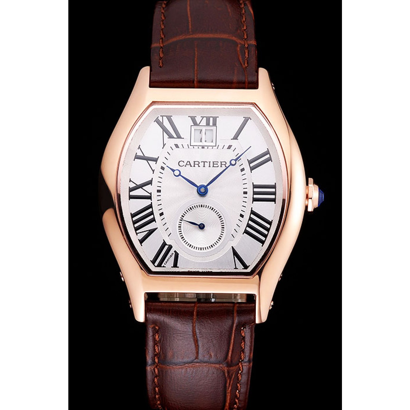 Cartier Tortue Large Date White Dial Gold Case Brown Leather Strap