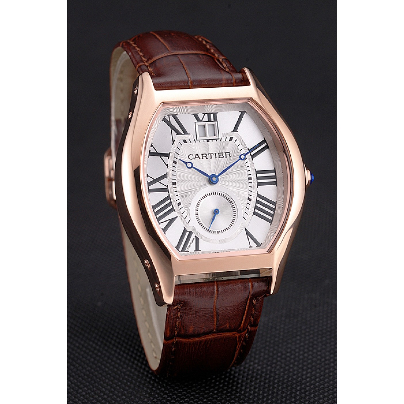 Cartier Tortue Large Date White Dial Gold Case Brown Leather Strap