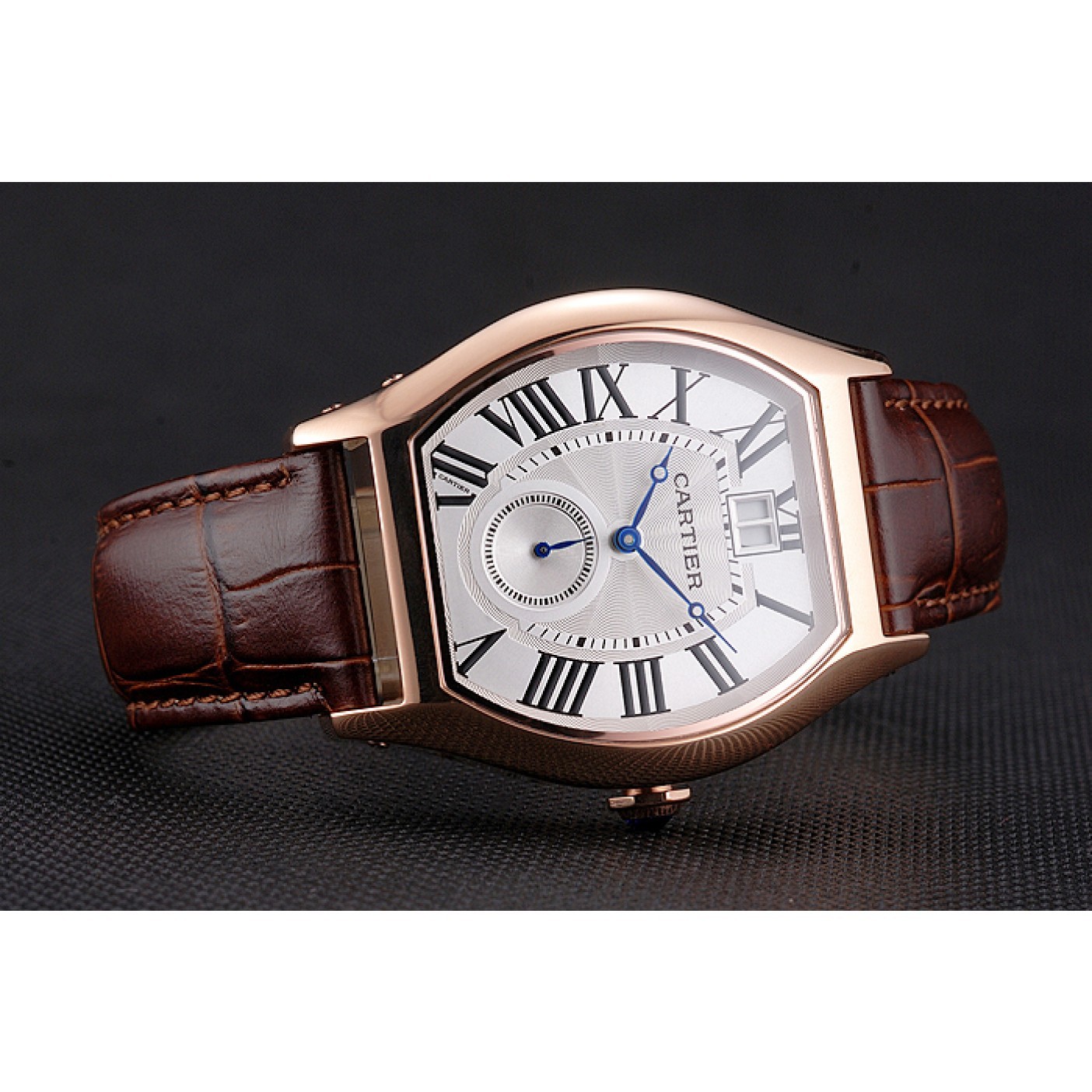 Cartier Tortue Large Date White Dial Gold Case Brown Leather Strap