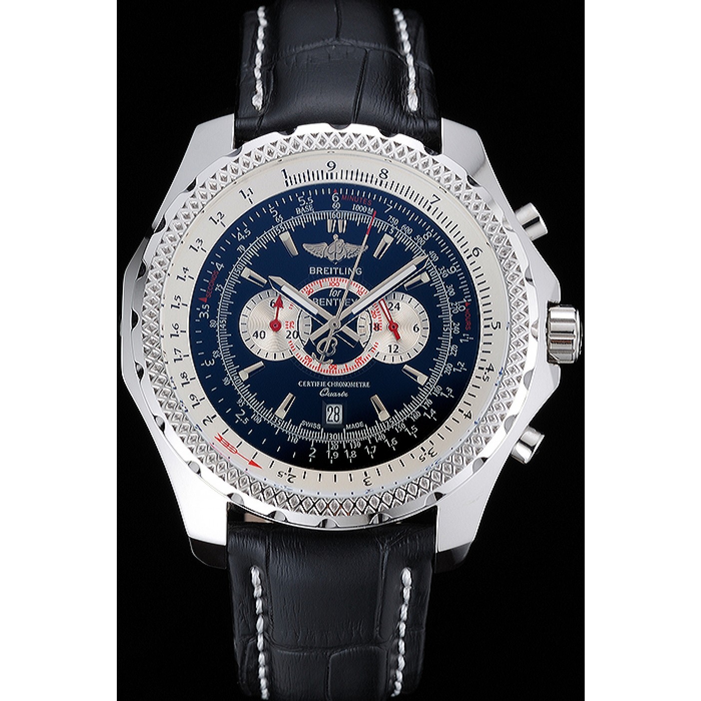 Breitling Bentley Chronograph Black Dial Black Leather Strap