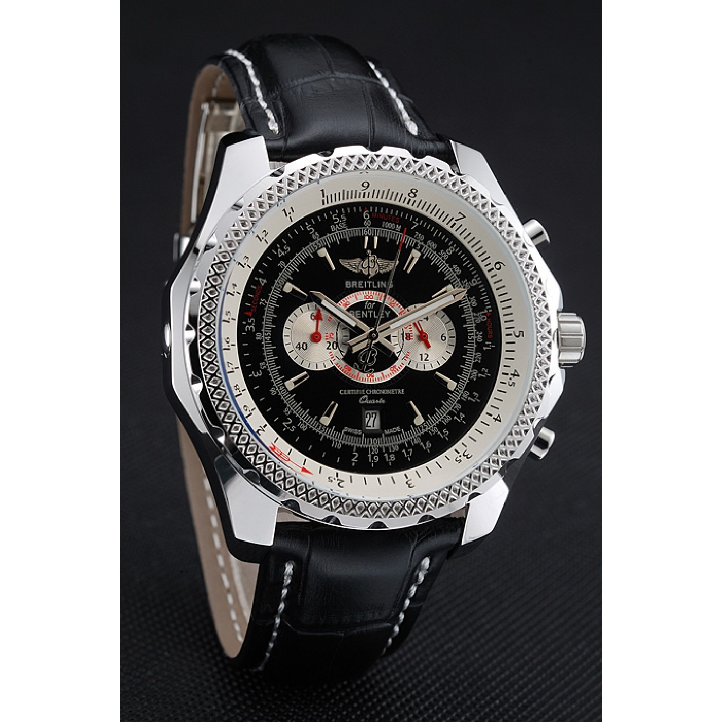 Breitling Bentley Chronograph Black Dial Black Leather Strap