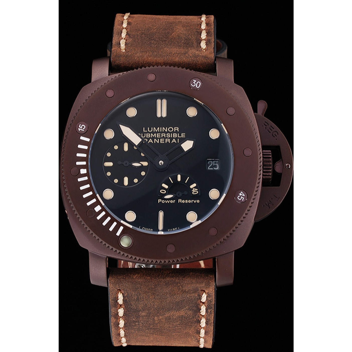 Panerai Luminor Submersible Black Dial Brown Case Brown Leather Strap