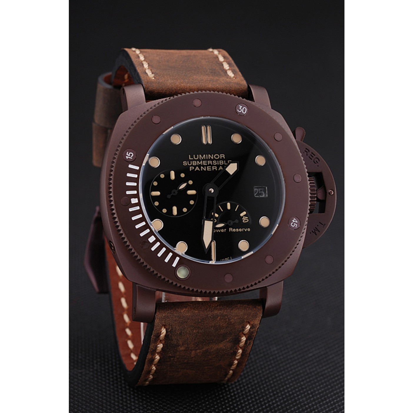 Panerai Luminor Submersible Black Dial Brown Case Brown Leather Strap