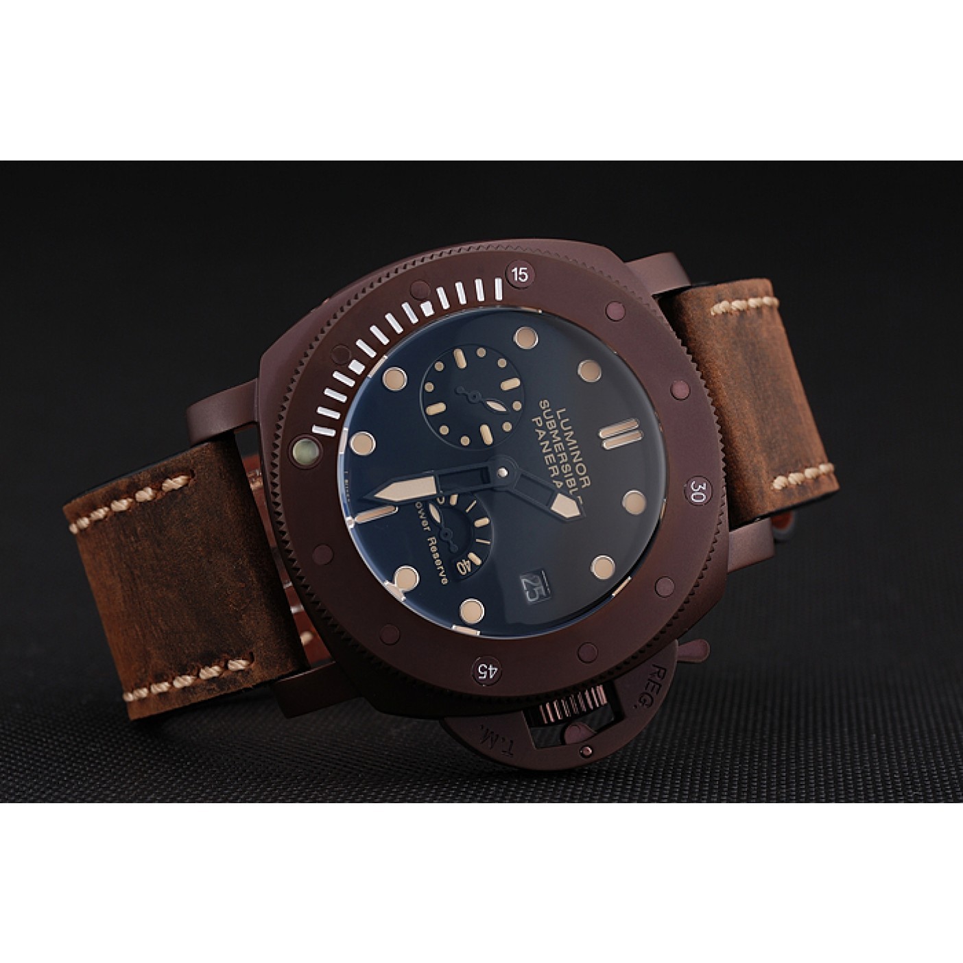 Panerai Luminor Submersible Black Dial Brown Case Brown Leather Strap