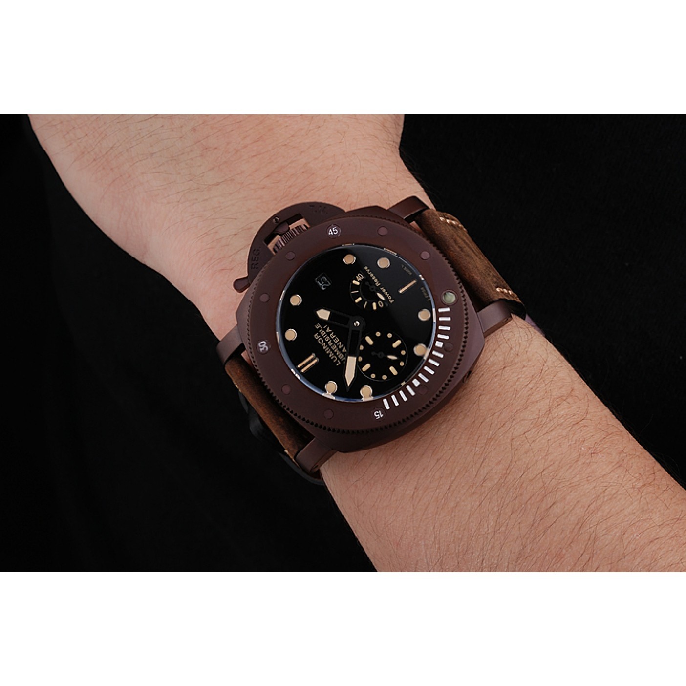 Panerai Luminor Submersible Black Dial Brown Case Brown Leather Strap