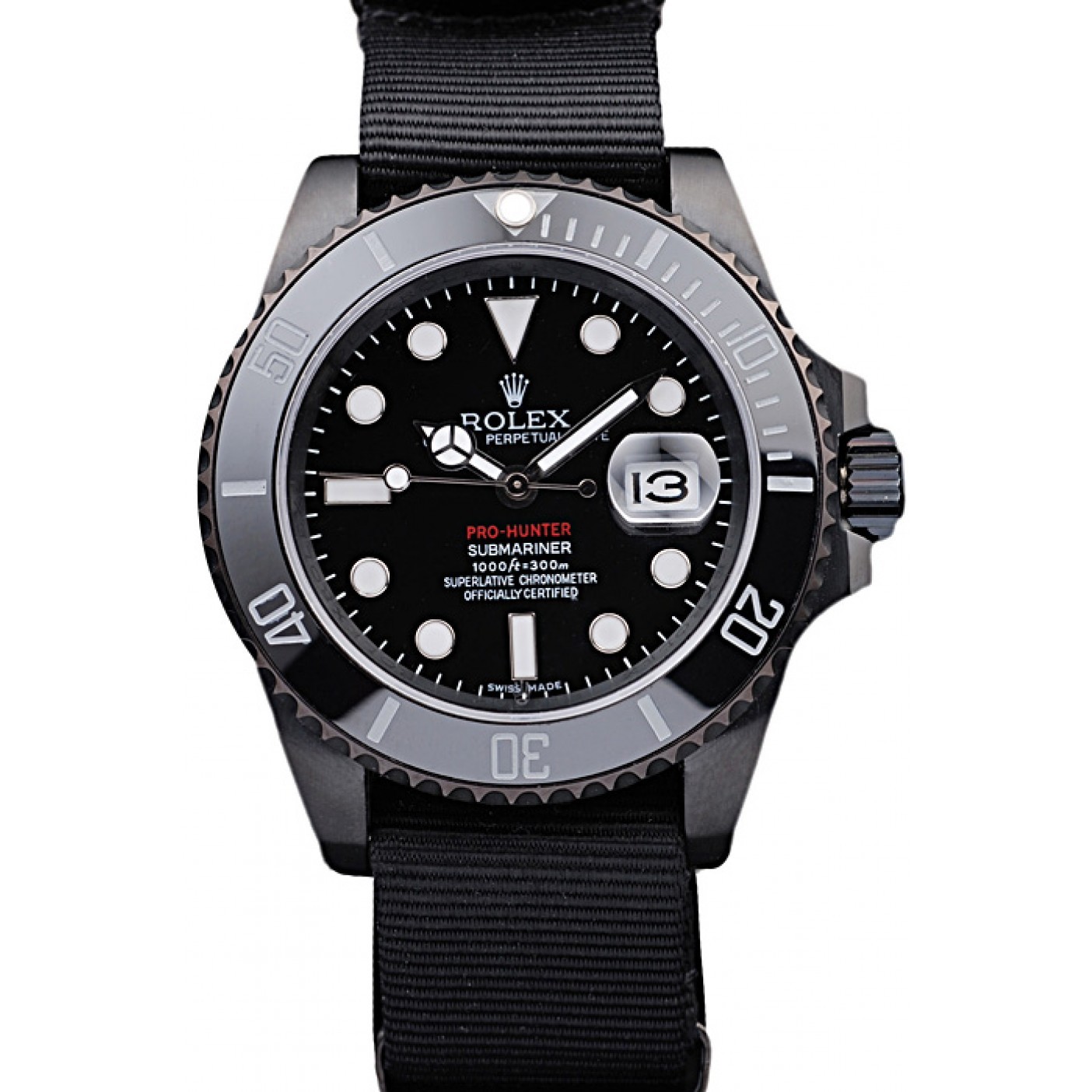 RepTime Watches Rolex Swiss Submariner Pro-Hunter Black Fabric Strap Black Dial