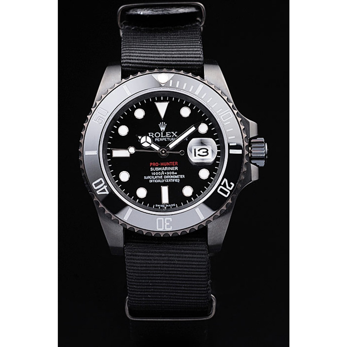 Rolex Swiss Submariner Pro-Hunter Black Fabric Strap Black Dial