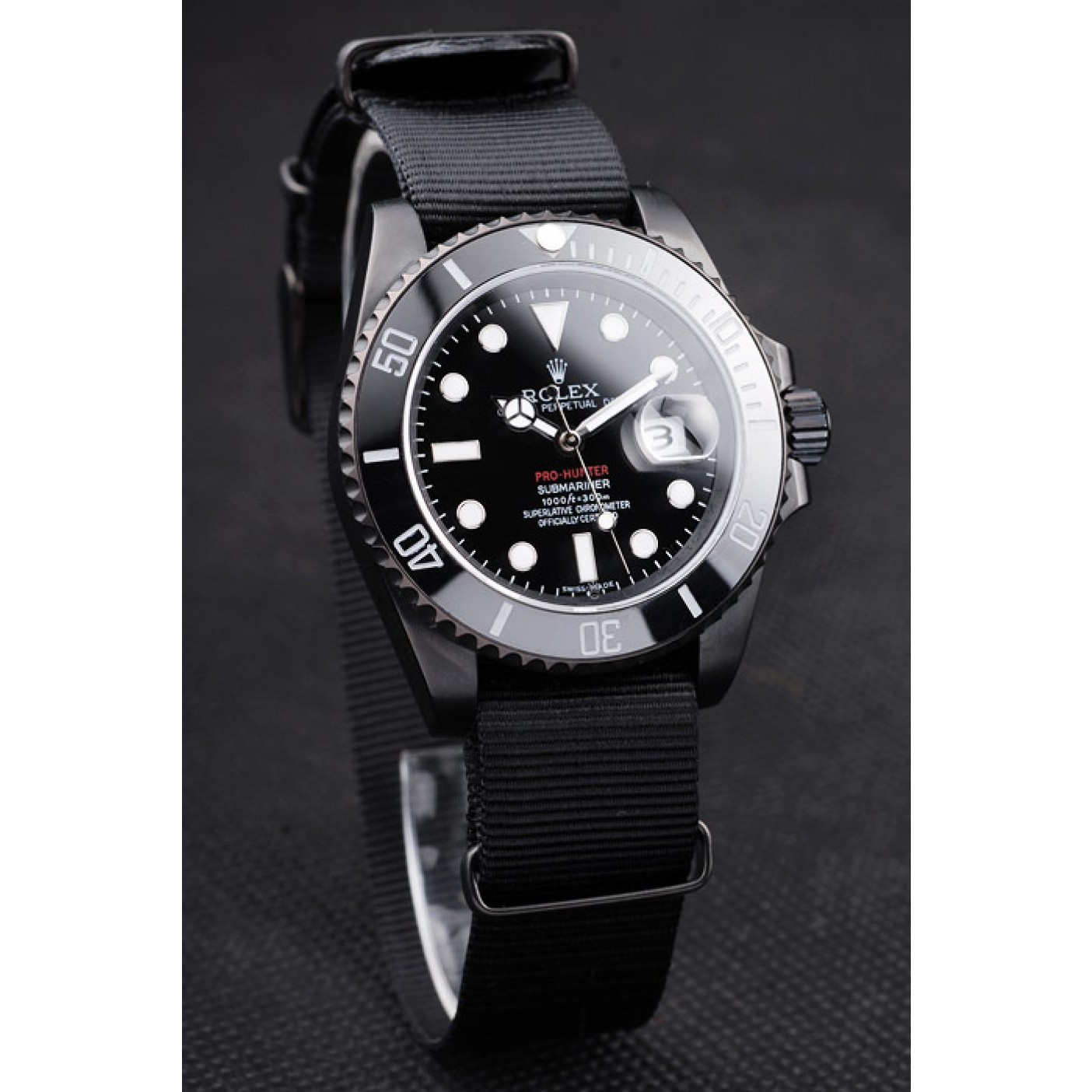 Rolex Swiss Submariner Pro-Hunter Black Fabric Strap Black Dial