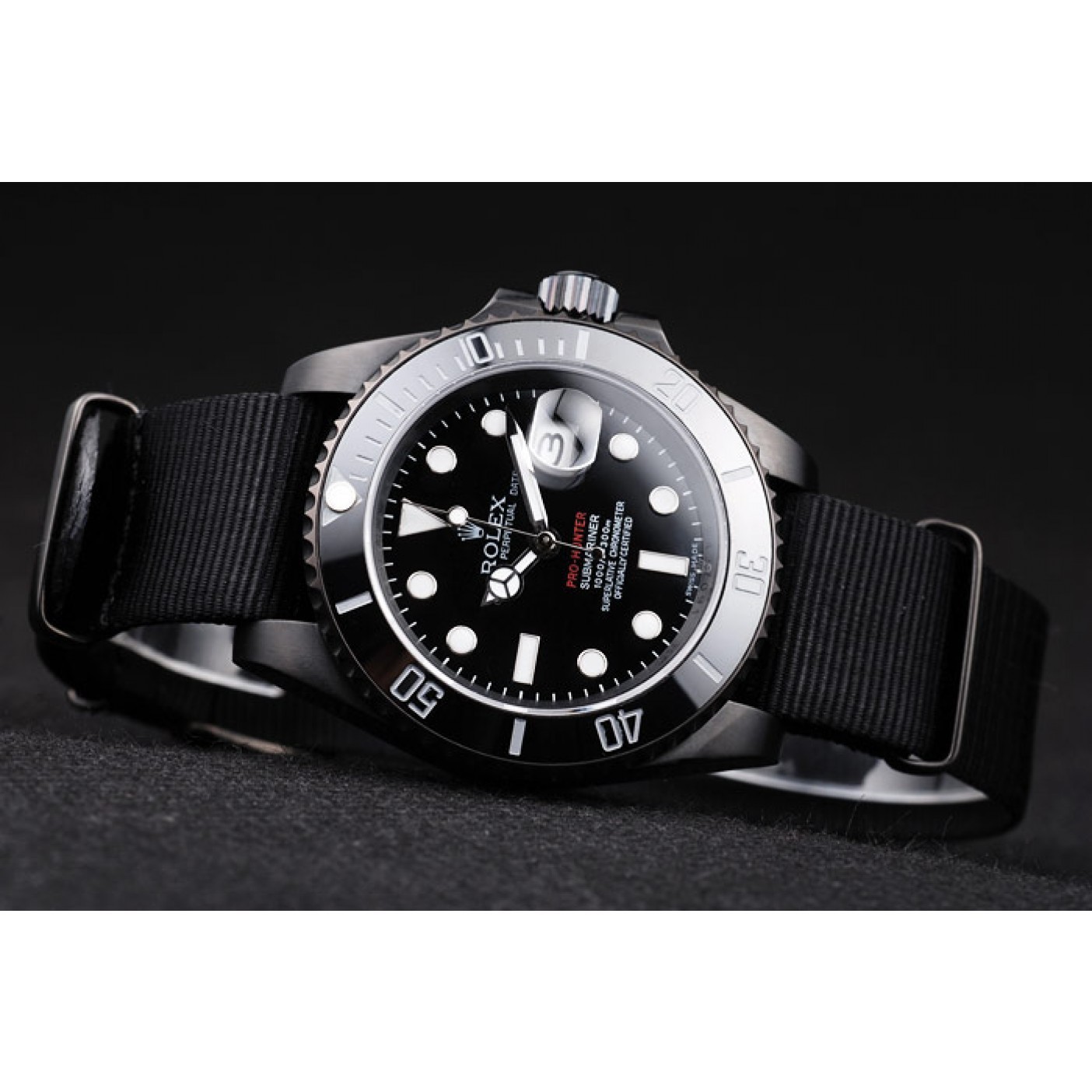 RepTime Watches Rolex Swiss Submariner Pro-Hunter Black Fabric Strap Black Dial