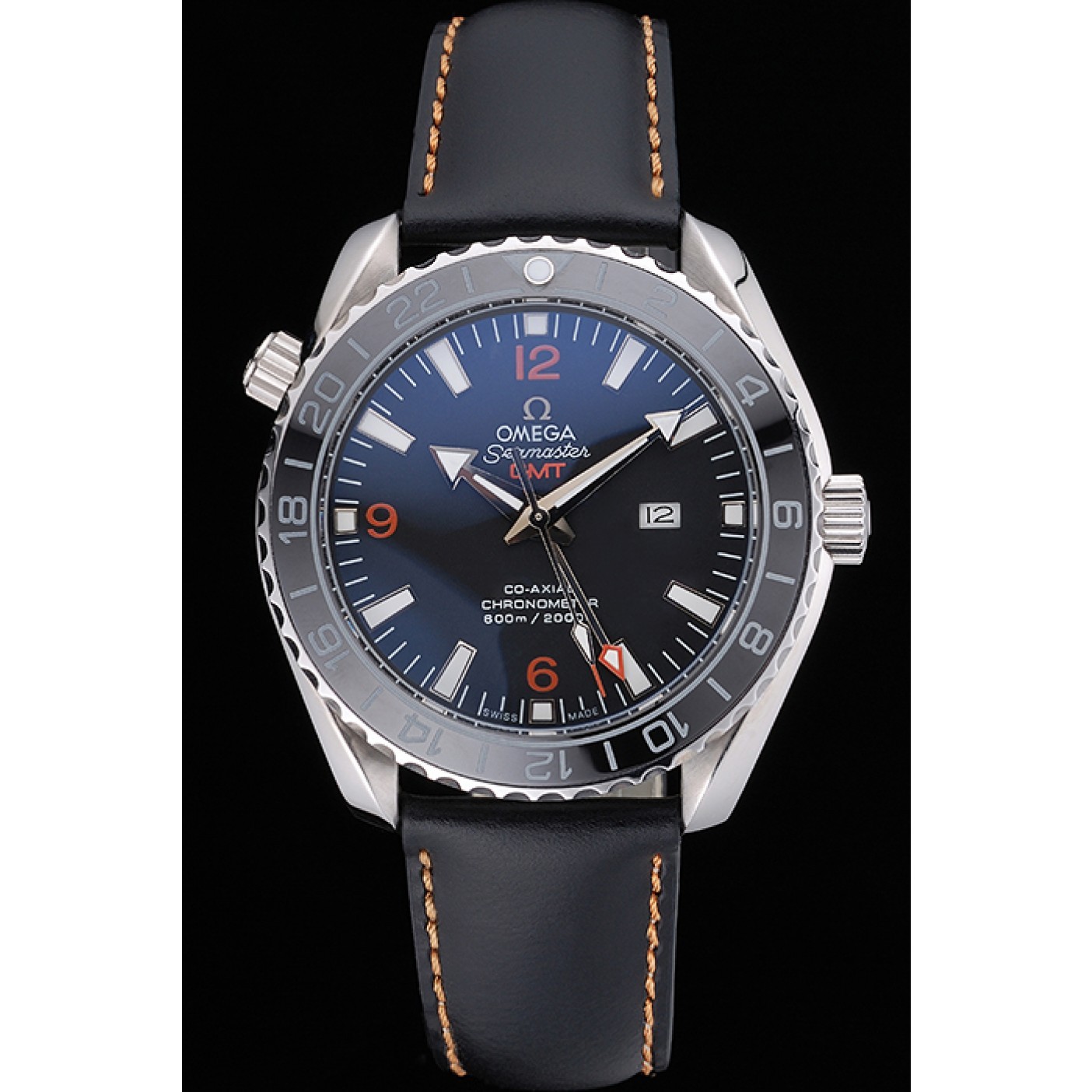 Omega Seamaster Planet Ocean GMT Black Dial Black Leather Band 622393