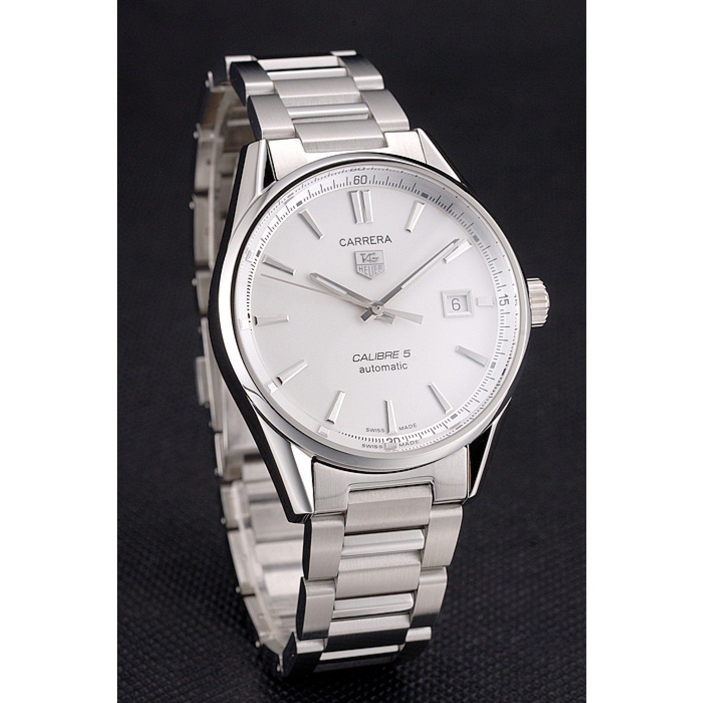 Swiss Tag Heuer Carrera Calibre 5 Silver Dial Stainless Steel Case And Bracelet