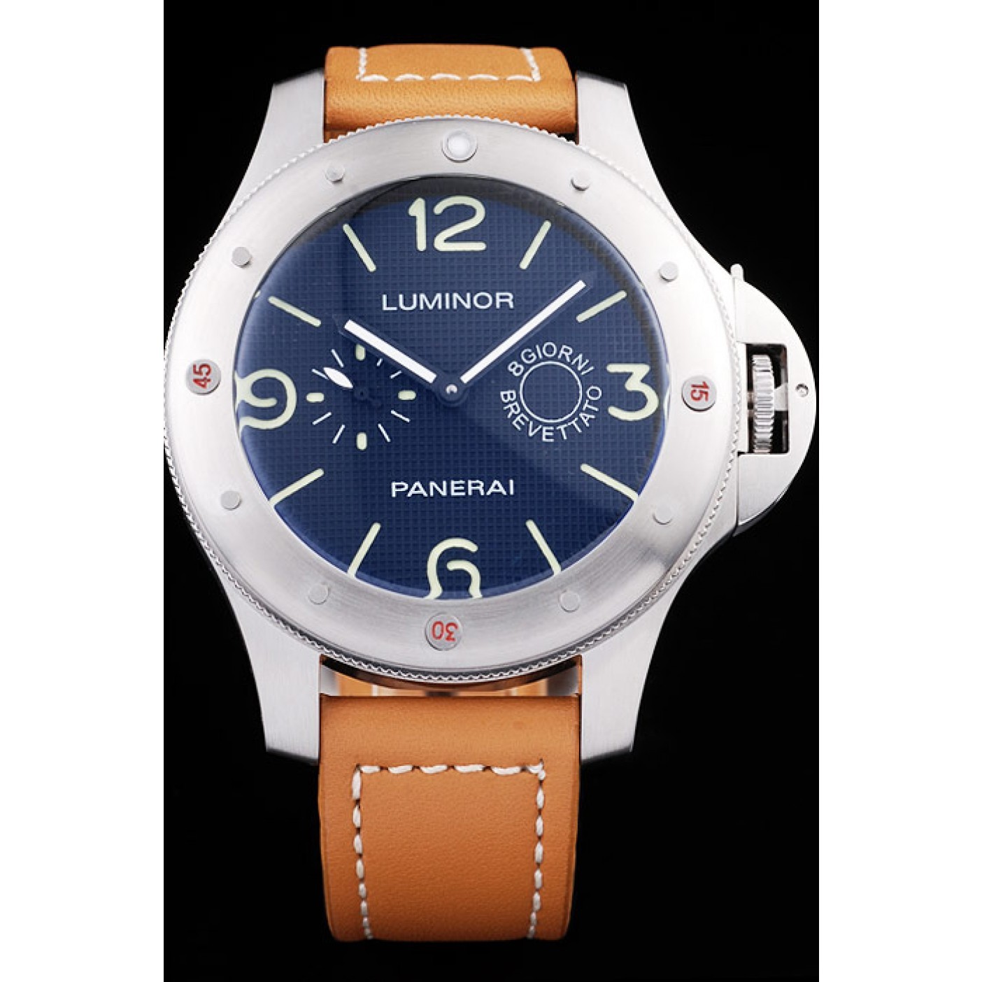 Panerai Luminor Brushed Stainless Steel Case Blue Dial Brown Leather Strap