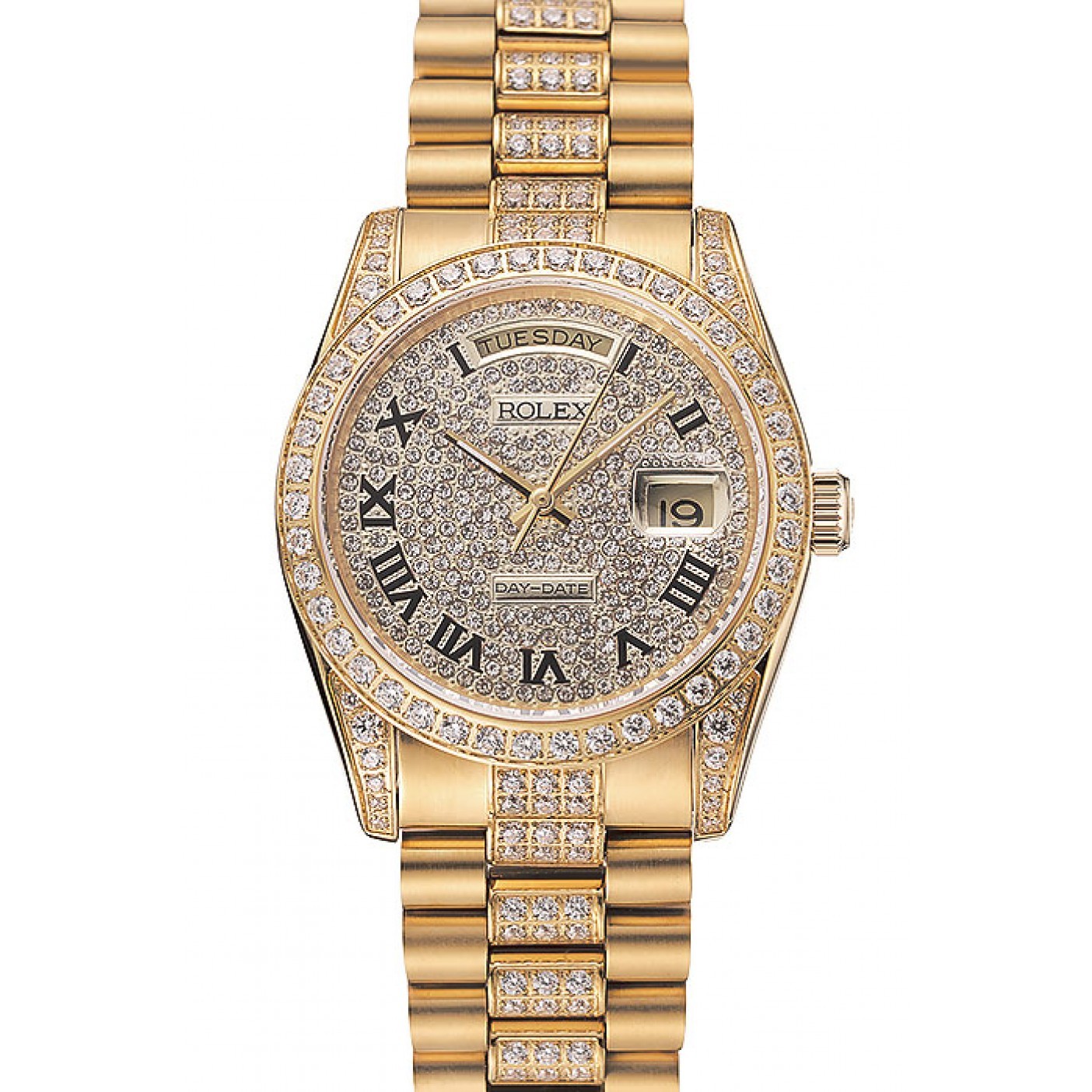 RepTime Watches Swiss Rolex Day-Date Diamond Pave Dial Gold Diamond Bracelet 1453956